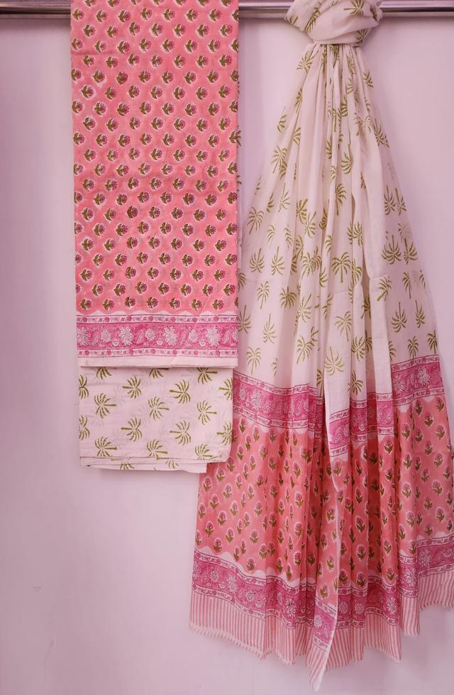 Beautiful Handblock Printed Unstitched Suit With A Combination Of White And Baby Pink Clour