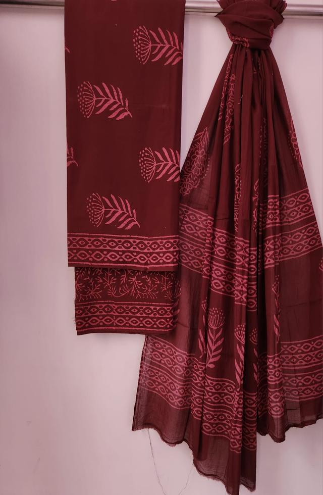 Handblock Printed Unstitched Suit Set In Maroon Colour