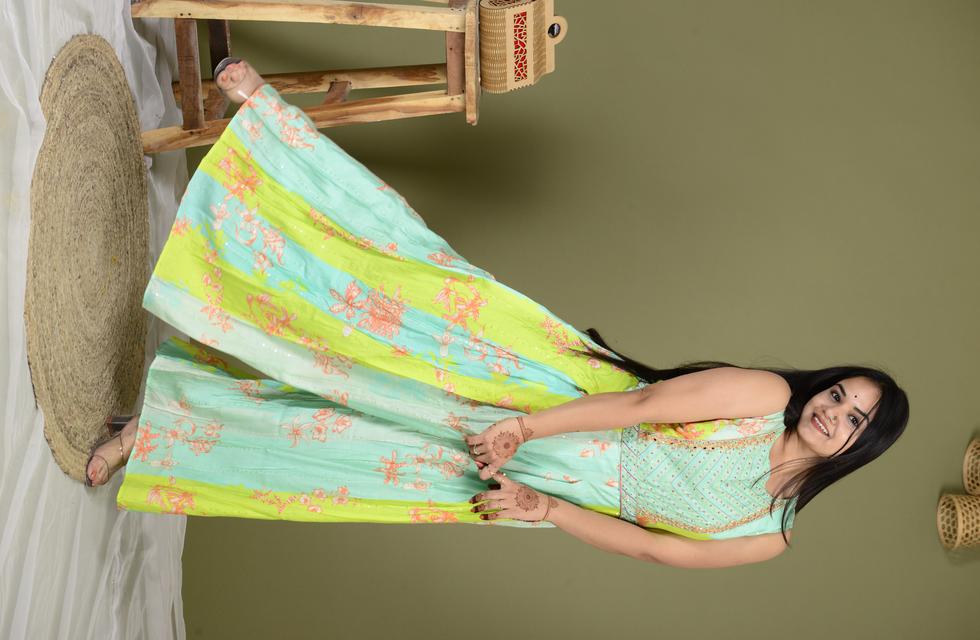 Mint Green Floral Printed Jump Suit With Mirror Work
