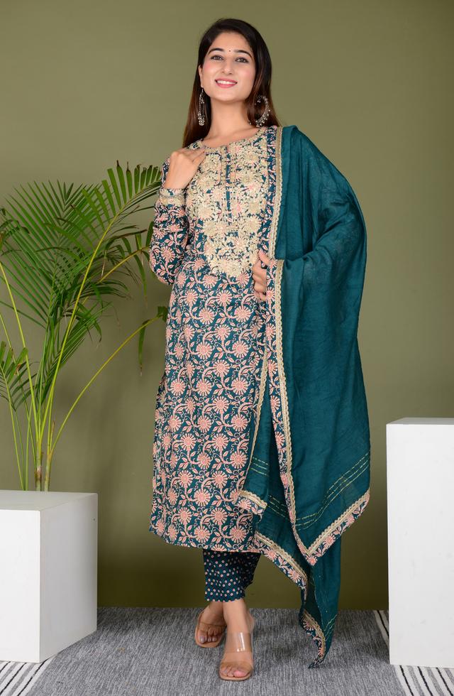 Women Gorgeous Embroidered Suit Set In Teal Blue