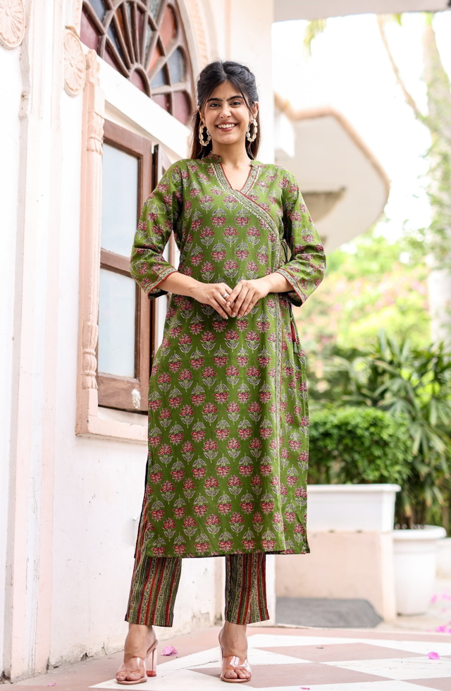 Pretty Angrakha Suit Set For Women In Mehandi Green