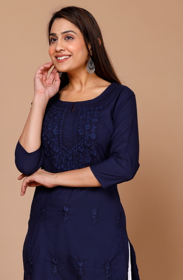Embroidery Straight Kurti In Navy Blue
