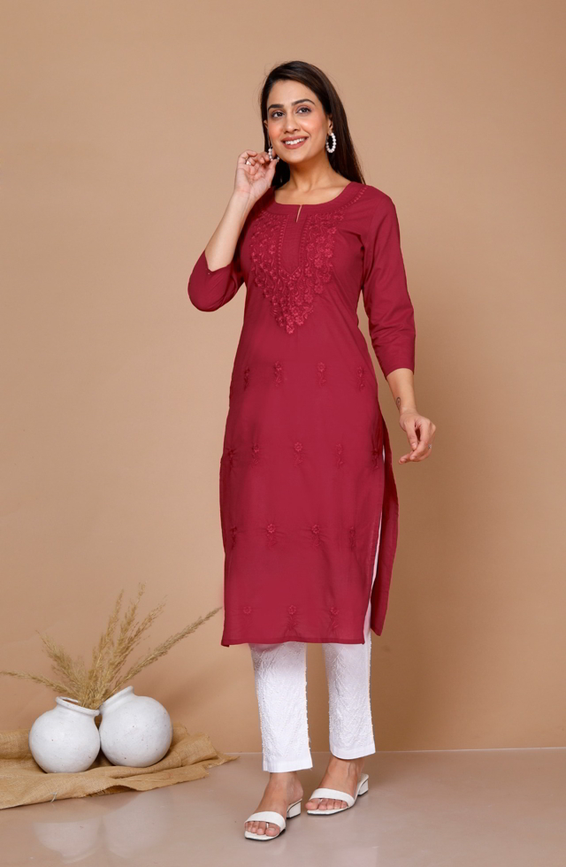 Embroidered Straight Fit Kurti In Maroon