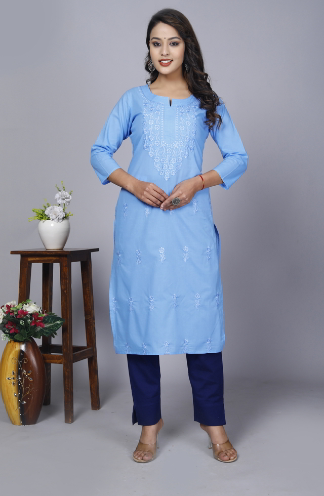 Women Embroidered Kurti In Sky Blue