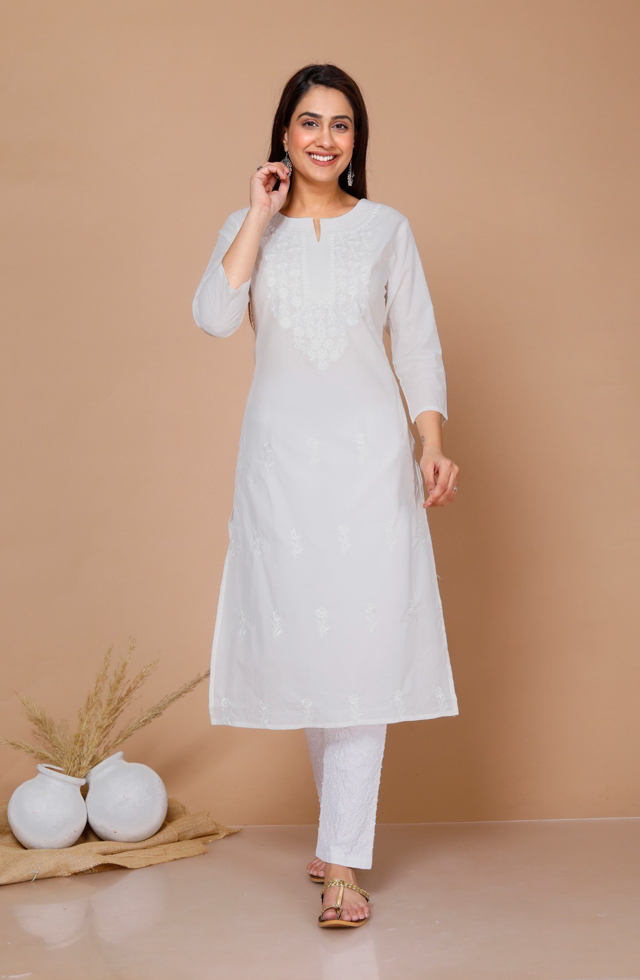 Embroidered Straight Fit Kurti In White