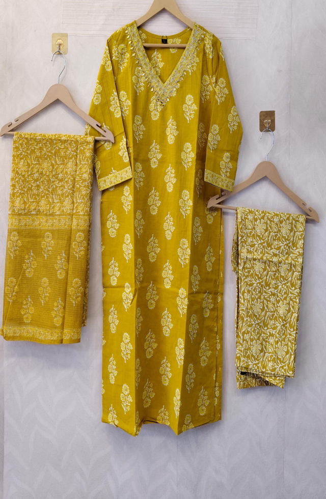 Elegant Mustard Cotton Suit Sets