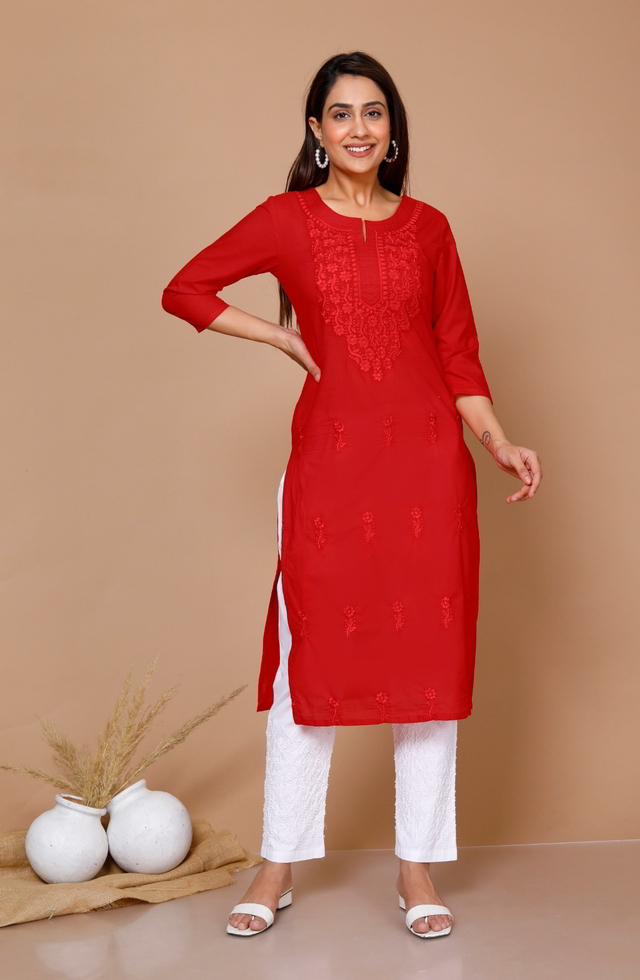 Embroidery Straight Kurti In Red