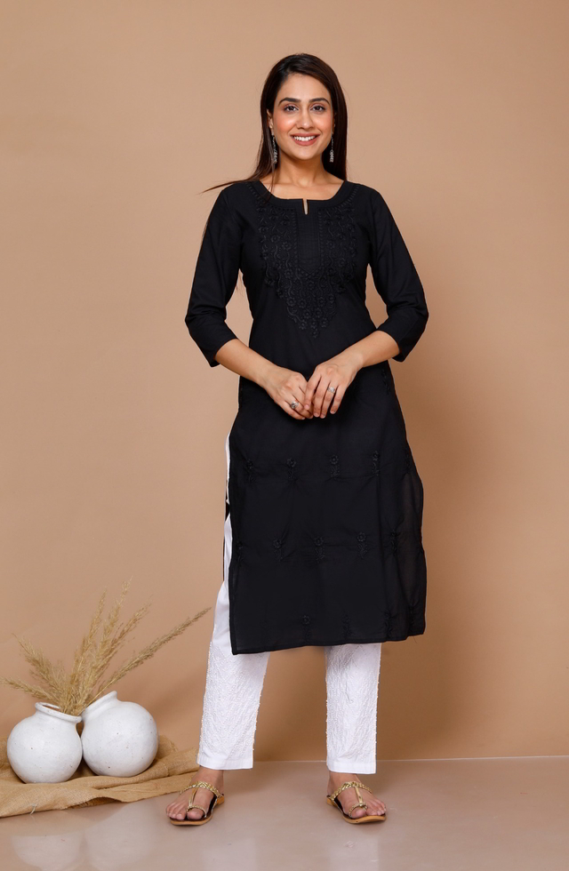 Embroidered Straight Kurti In Black