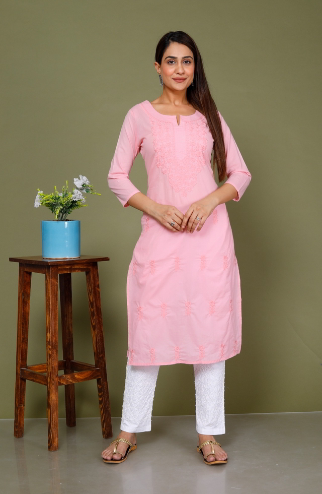 Embroidery Straight Fit Kurti In Baby Pink