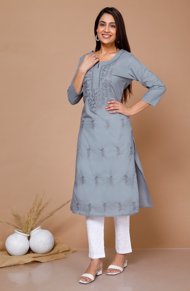 Chikankari Grey Kurti For Women