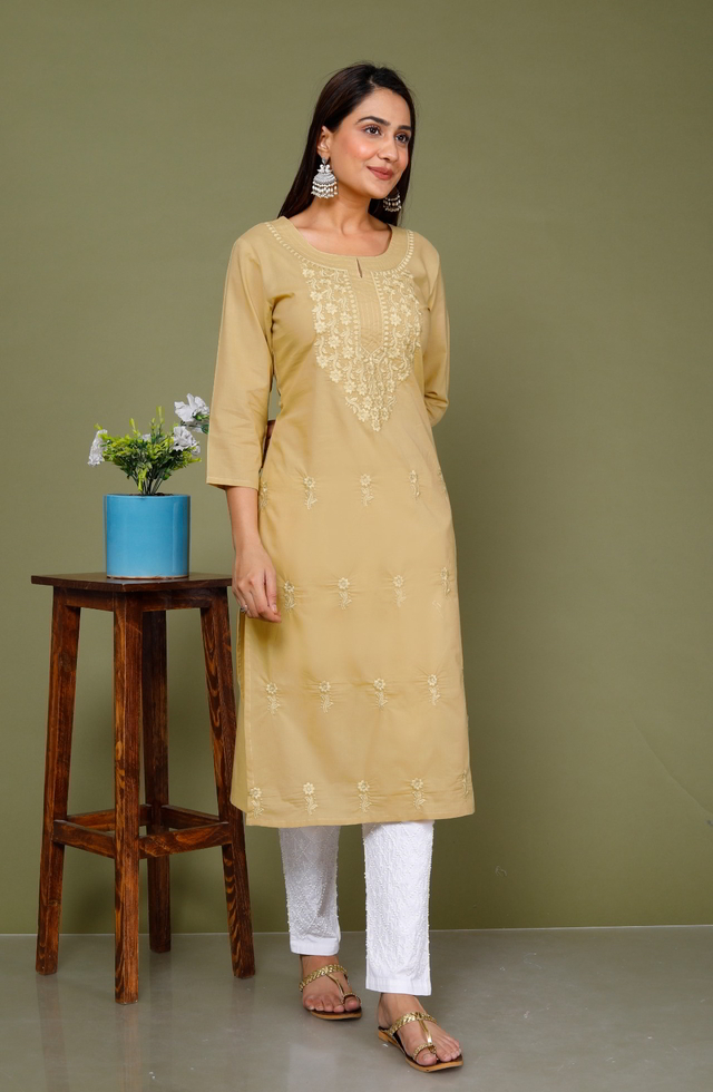 Chikankari Beige Kurti For Women