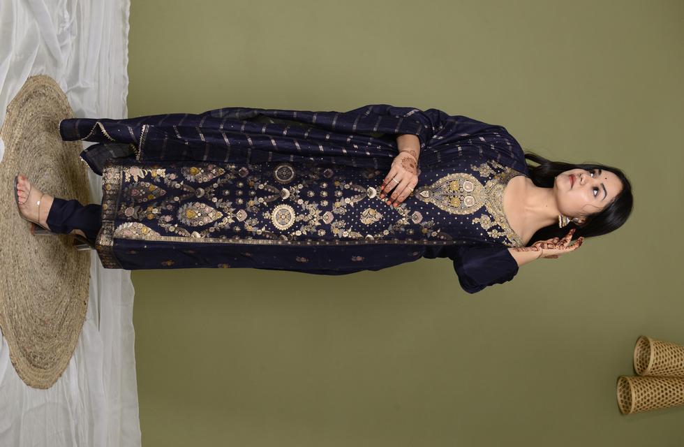 Pure Banarasi Suit Set With Heavy Zari Work In Navy Blue Color