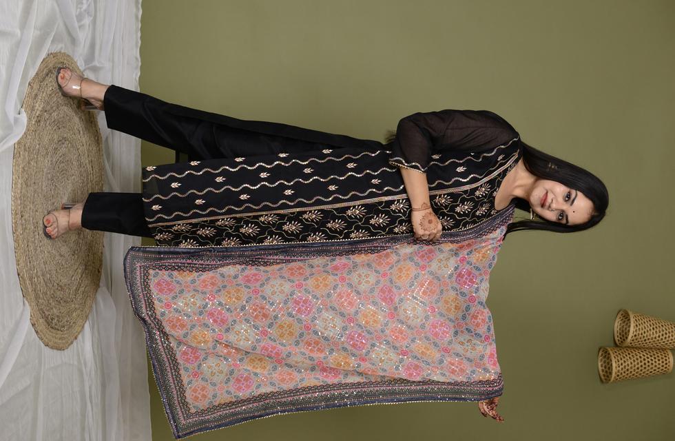 Beautiful Chanderi Suit Set With Embroidery Work In Black Color