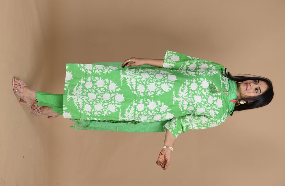 Beautiful Light Green Pure Cotton Suit Set With Katha Work