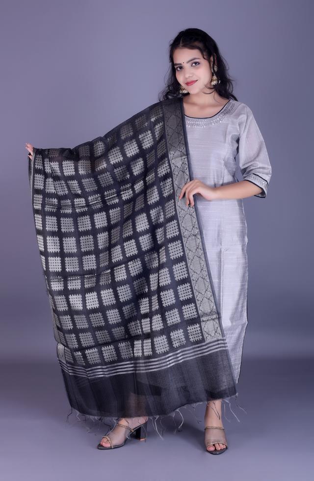 Chanderi Straight Suit In Silver