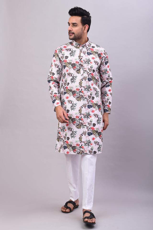 Men Printed Cotton Kurta In Baby Pink Colour