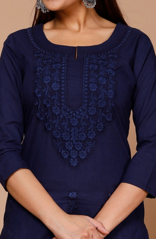 Embroidery Straight Kurti In Navy Blue