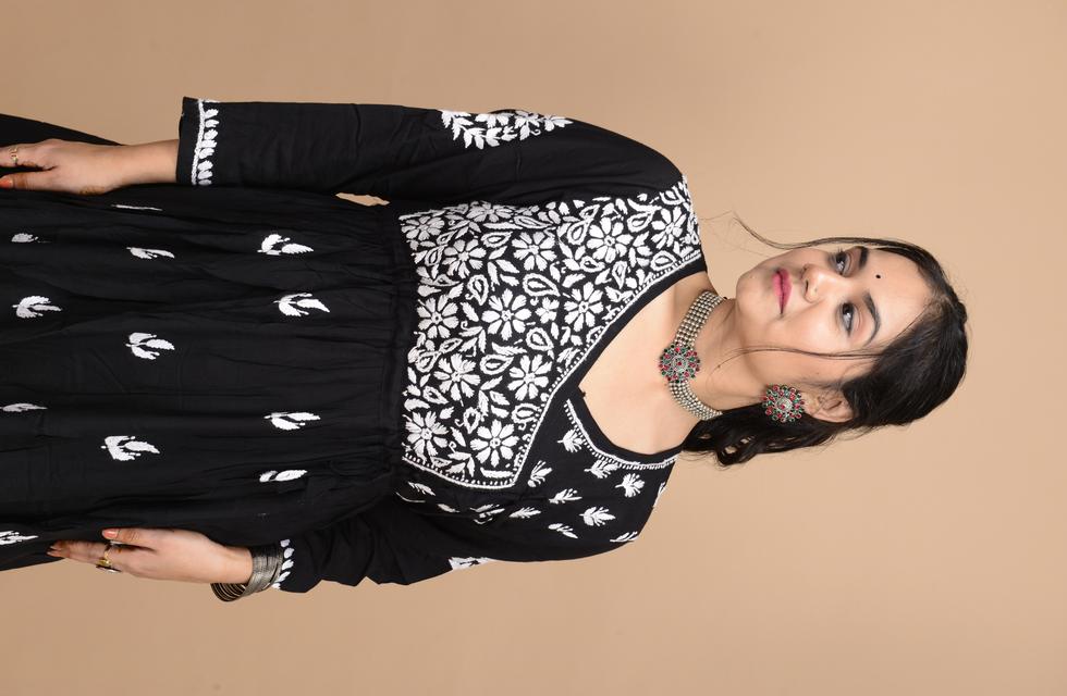 Gorgeous Mul Cotton Chikankari Peplum Top With Sharara Set In Black Color