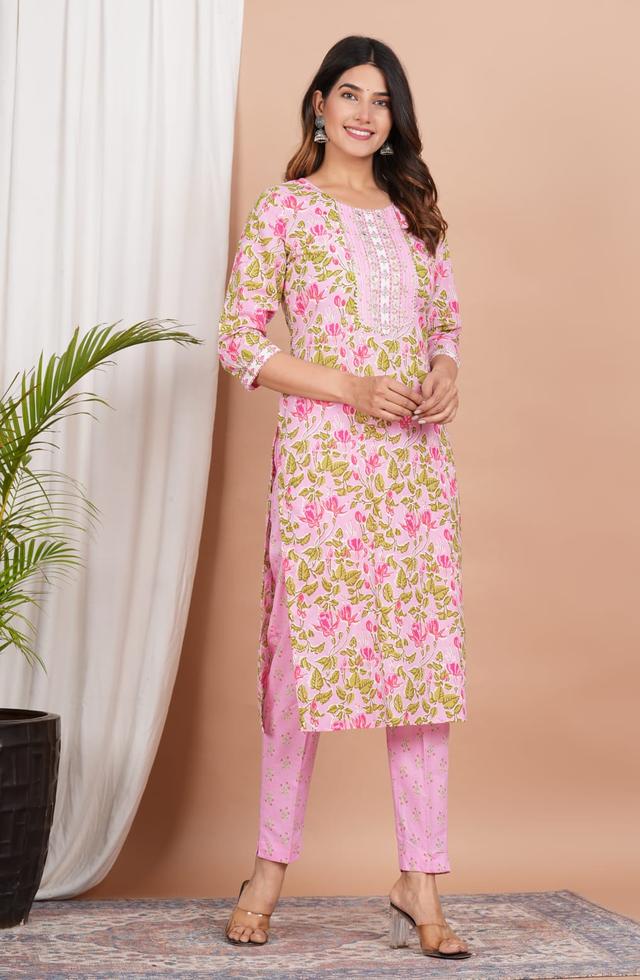 Floral Printed And Embroidered Straight Suit