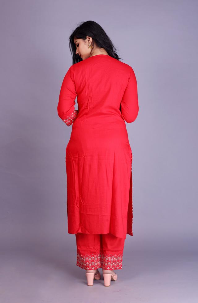 Beautiful Straight Suit Set In Red Color With Zari And Gota Work