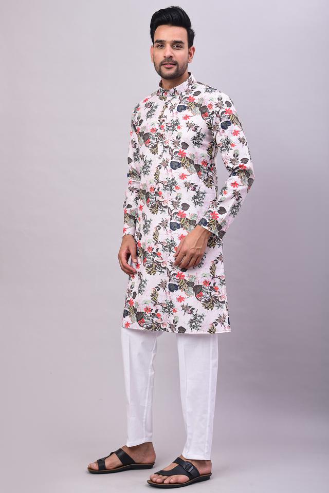 Men Printed Cotton Kurta In Baby Pink Colour