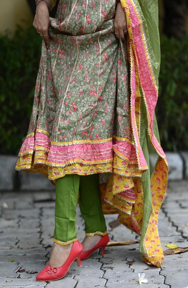 Festive Olive Green Anarkali Suit With Handwork