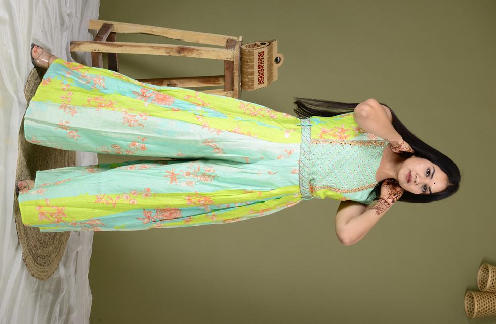 Mint Green Floral Printed Jump Suit With Mirror Work