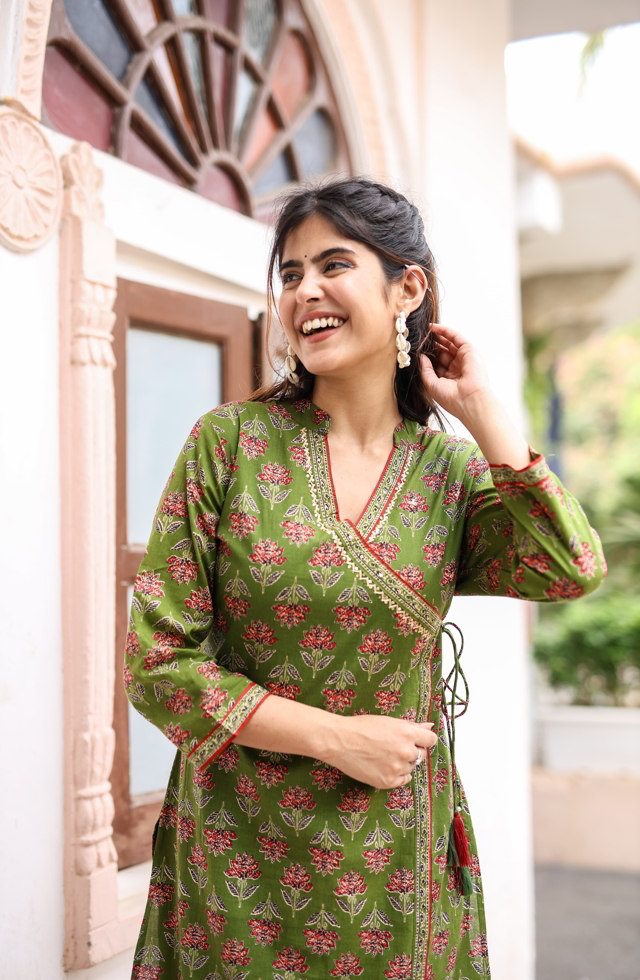 Pretty Angrakha Suit Set For Women In Mehandi Green