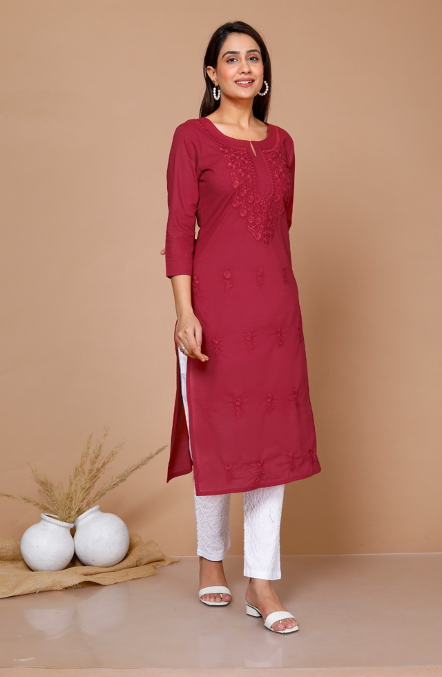 Embroidered Straight Fit Kurti In Maroon