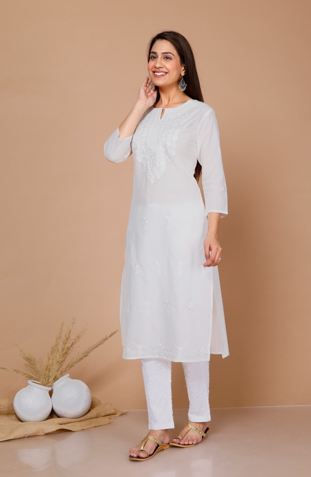 Embroidered Straight Fit Kurti In White