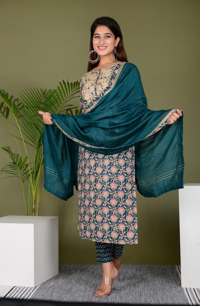 Women Gorgeous Embroidered Suit Set In Teal Blue