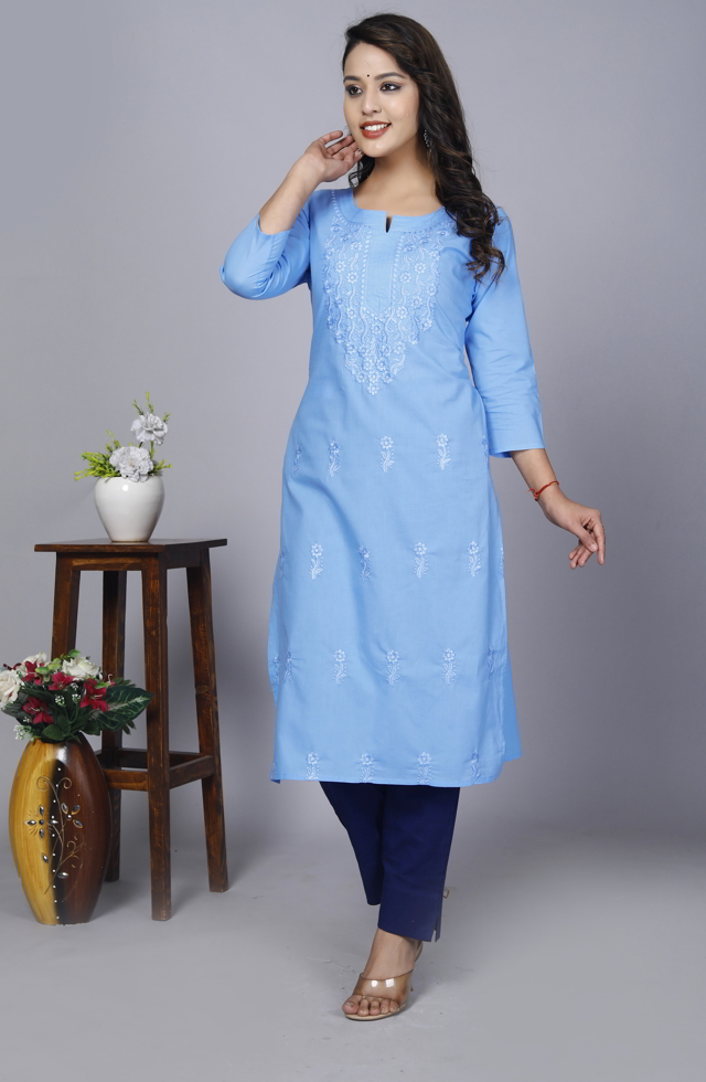 Women Embroidered Kurti In Sky Blue