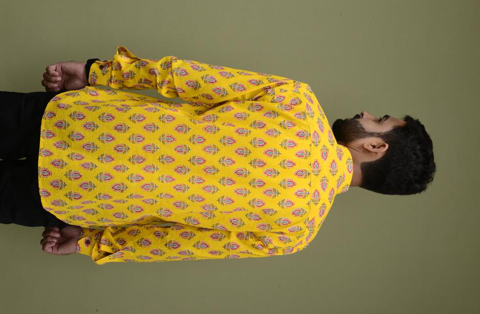 pJaipuri Printed Short Kurta In Yellow Colour