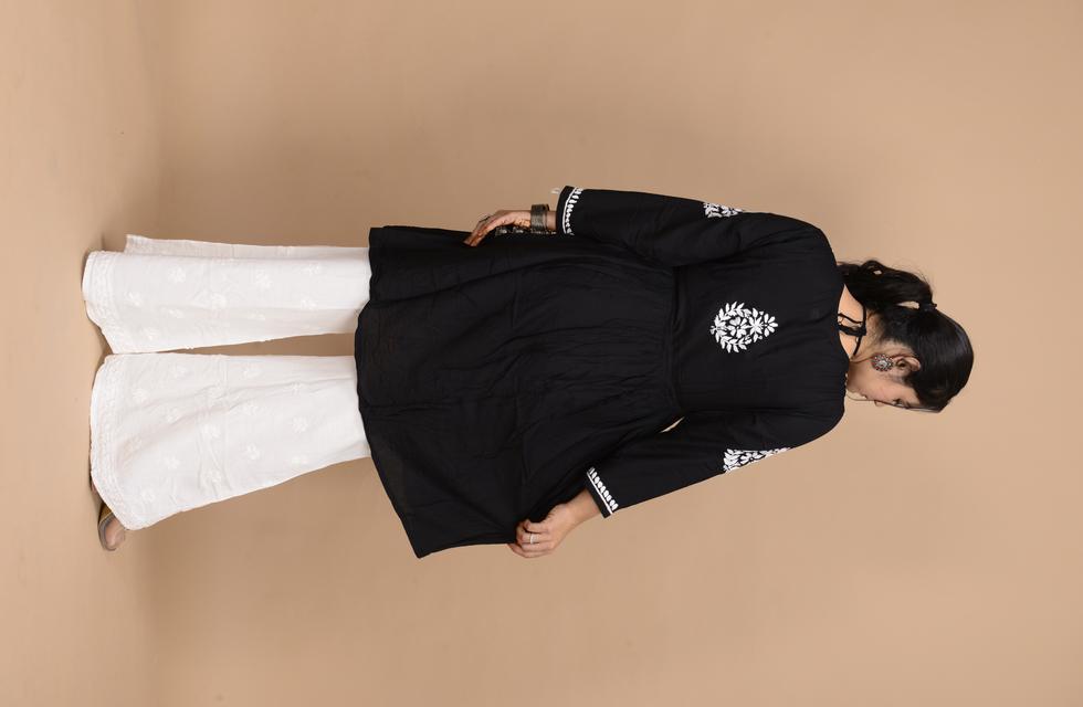 pGorgeous Mul Cotton Chikankari Peplum Top With Sharara Set In Black Color