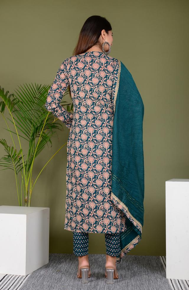 pWomen Gorgeous Embroidered Suit Set In Teal Blue